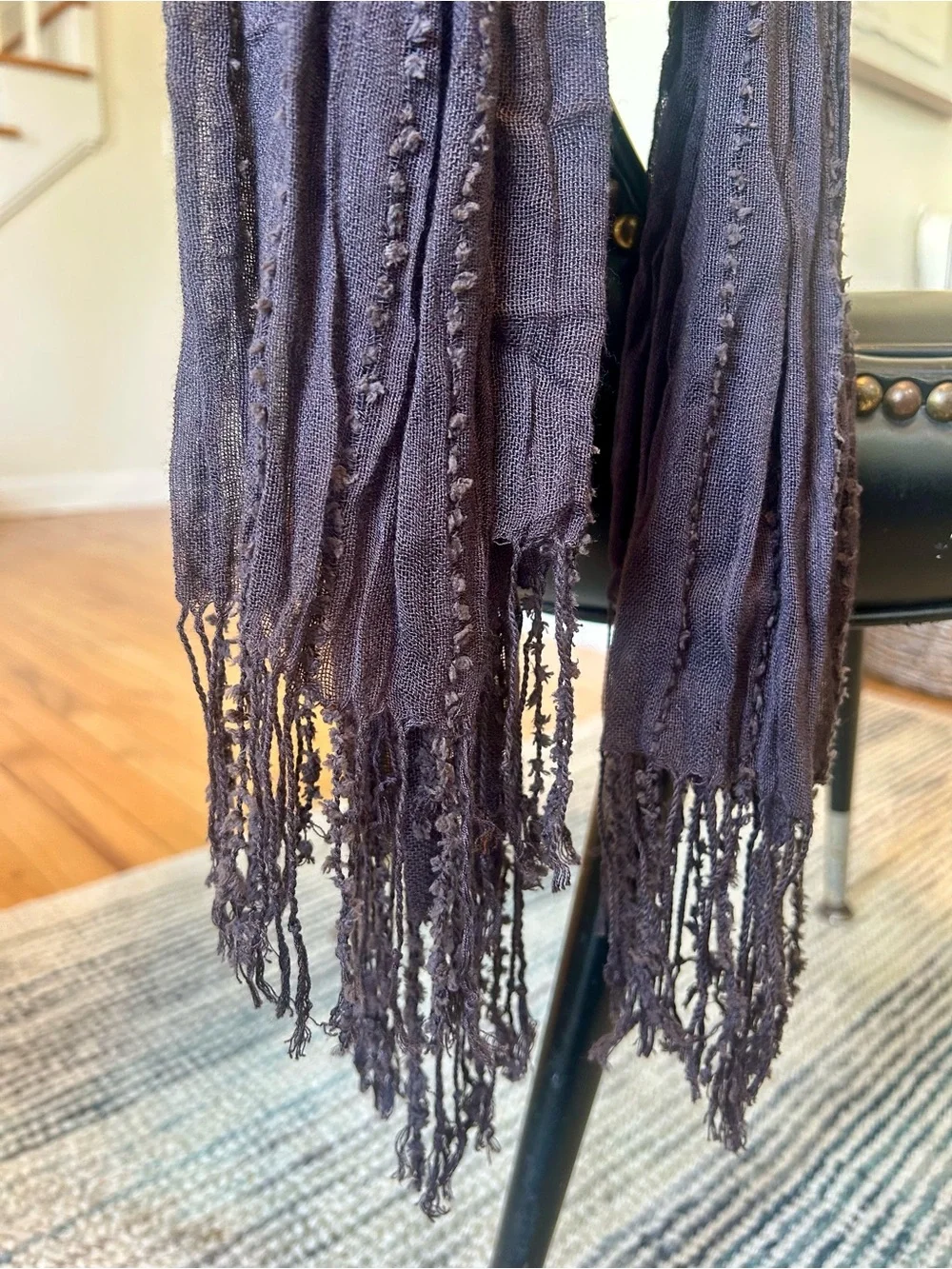 Charcoal Gray Crinkle Gauze Fringe Scarf Lightweight Shacker Textured Wrap 22x74